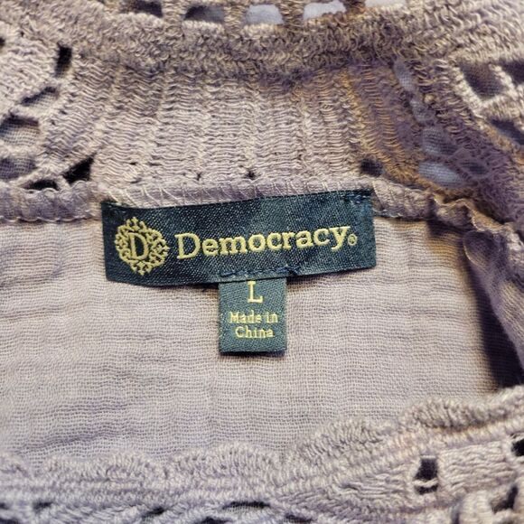 Democracy Cotton Woven Crochet Square Neck Short Bubble Sleeve Scallop Hem Top - Picture 7 of 13